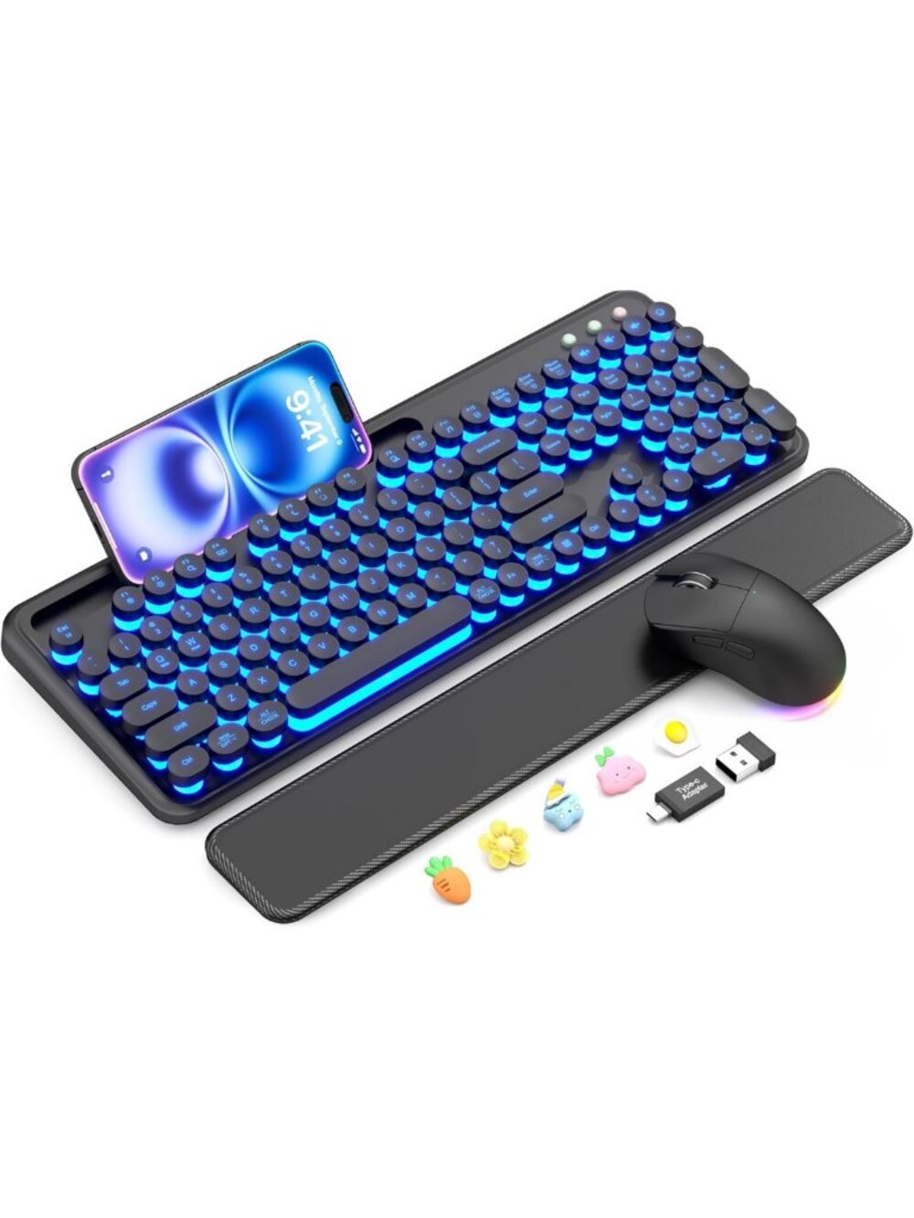 Wireless Keyboard and Mouse, Backlit Typewriter with Magnetic Wrist Rest